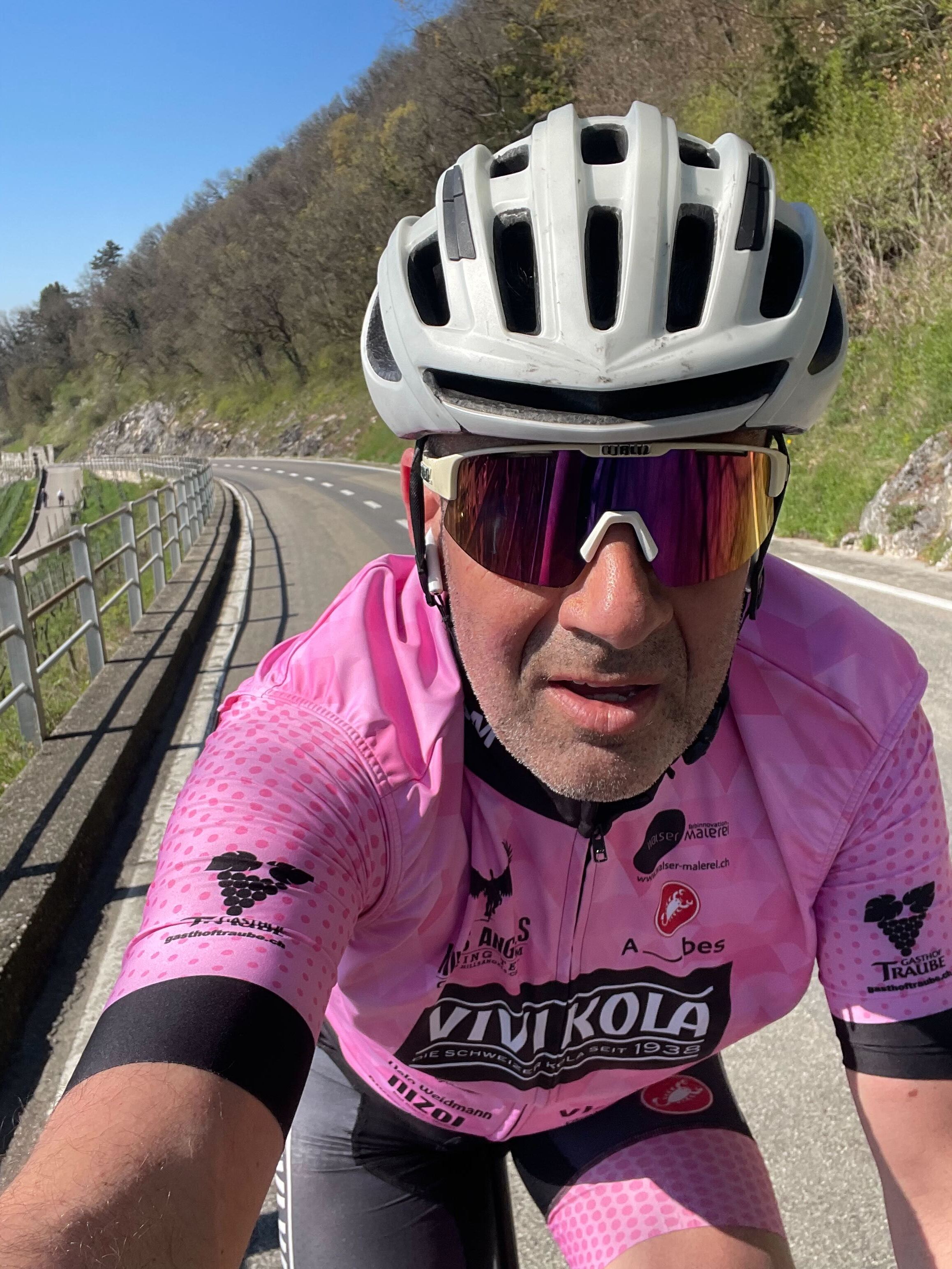 Spring cycling selfie on mountain road